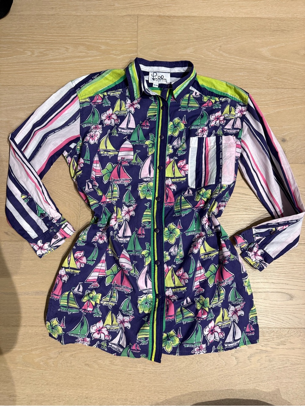 Vintage 1990s Lily Pulitzer Cotton Striped, Floral, Sailboat Print Blouse,Sz-S-M
